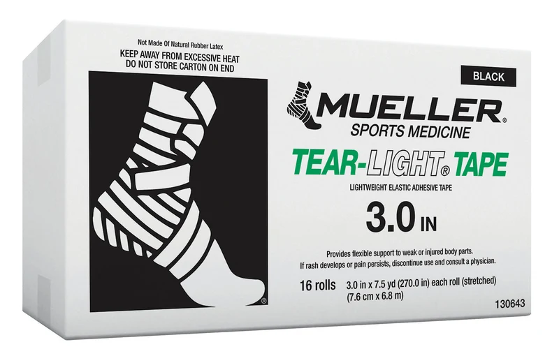 Mueller TEAR Light Tape, Krepptape, schwarz, 7.5 cm x 6.85 m, 16 Stück