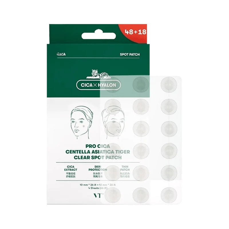 [Self-operated] Korean VT COSMETICS CICA Tiger Acne Patches, Centella Asiatica Acne-Clearing, Soothing, Breathable, 66 Patches Set (10mm*36 patches + 12mm*30 patches), Non-sufficient, Isolates from Pollution, Suitable for Makeup Application, Adheres Well.
