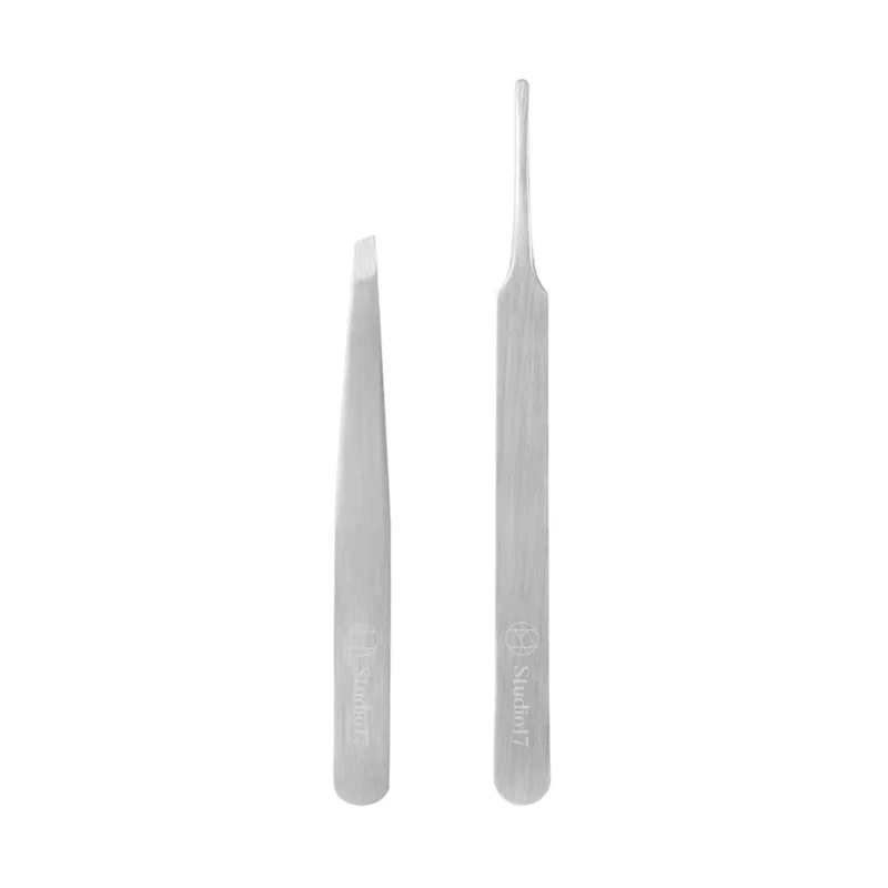 [Self-operated] Korean Studio 17 Eyelash & Eyebrow Tweezers 2-Piece Set: Eyebrow shaping, plucking, false eyelash application, and facial hair removal.