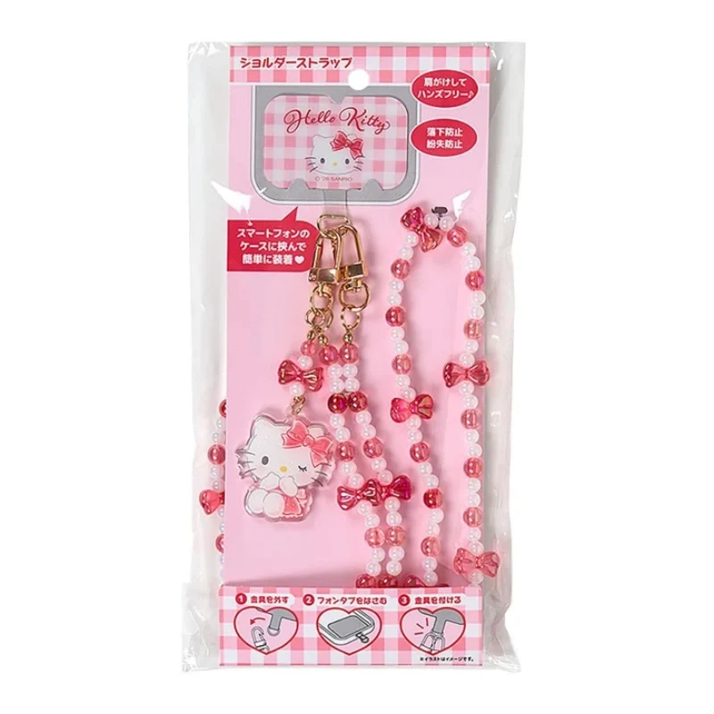 [Self-operated] Japan Sanrio Beaded Phone Strap with Pearl Chain, Hello Kitty, 1-Pack, Can Be Carried Over the Shoulder, Freeing Your Hands, Prevents Phone from Falling, Metal Buckle Detachable