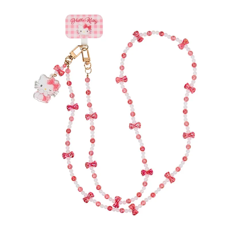 [Self-operated] Japan Sanrio Beaded Phone Strap with Pearl Chain, Hello Kitty, 1-Pack, Can Be Carried Over the Shoulder, Freeing Your Hands, Prevents Phone from Falling, Metal Buckle Detachable