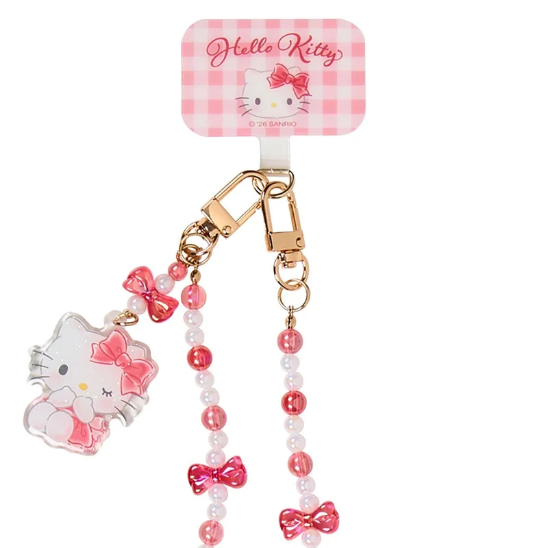 [Self-operated] Japan Sanrio Beaded Phone Strap with Pearl Chain, Hello Kitty, 1-Pack, Can Be Carried Over the Shoulder, Freeing Your Hands, Prevents Phone from Falling, Metal Buckle Detachable