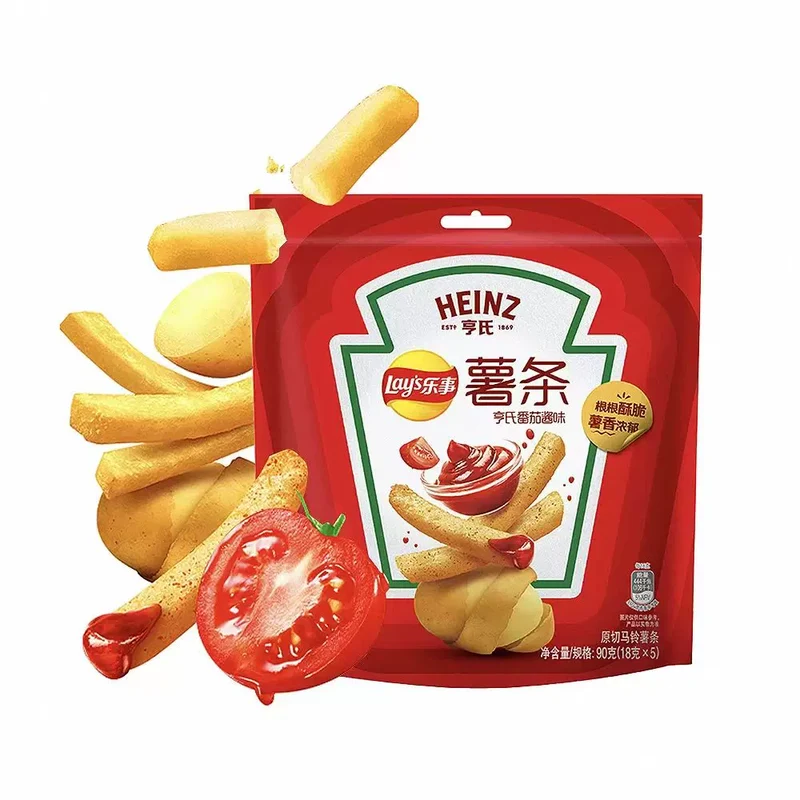 [Self-operated] Pepsi LAY'S China Mainland Version Heinz Ketchup Collaboration Potato Fries Tomato Flavor 5 Packs 90g each, Sweet and Sour, Refreshing, Rich and Pure, Puffed Food, Perfect for Binge-Watching!
