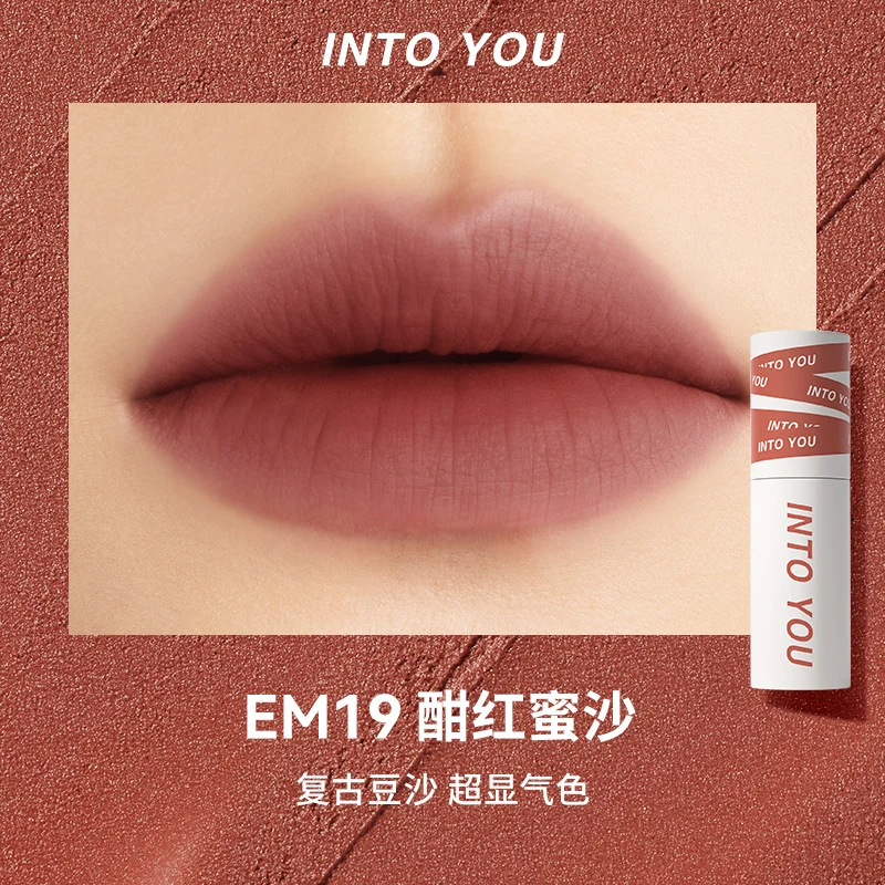 [Self-operated] INTOYOU Heart of Love with You Heroine Lip Mud Matte Velvet Matte Lip Glaze Lipstick EM19 Deep Red Honey Sand Color for Lip and Cheek Dual Use
