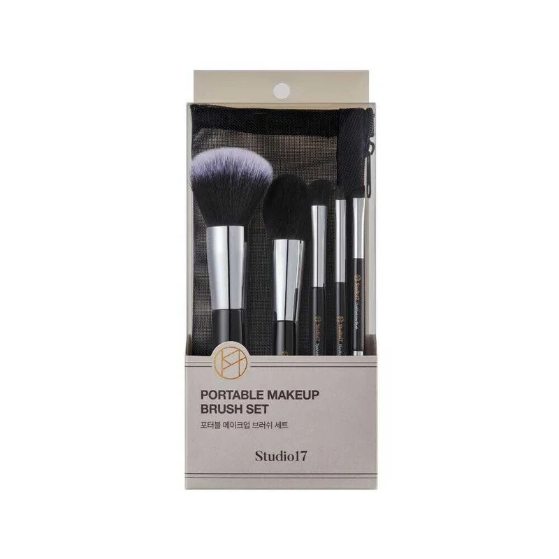 [Self-operated] Korean Studio 17 Comprehensive Contouring Brush Set (5 pieces): Large Powder Brush + Blush/Contouring Brush + Eyeshadow Brush + Eyebrow Brush (Double-ended Angled Brush) - Convenient Pack for 3D Contouring