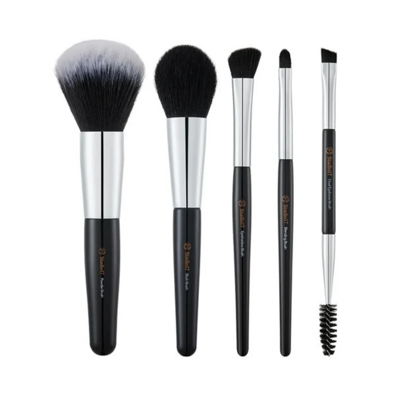 [Self-operated] Korean Studio 17 Comprehensive Contouring Brush Set (5 pieces): Large Powder Brush + Blush/Contouring Brush + Eyeshadow Brush + Eyebrow Brush (Double-ended Angled Brush) - Convenient Pack for 3D Contouring