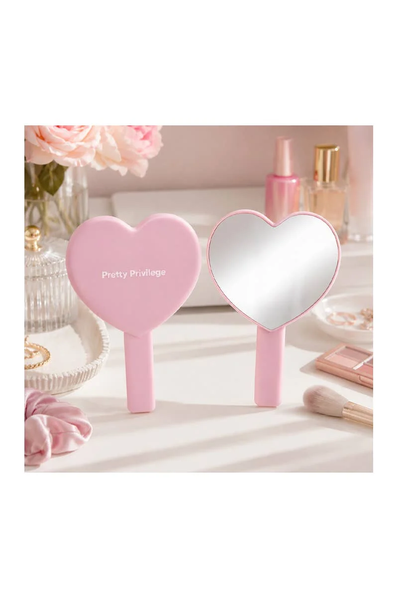 [Self-operated] Pretty Privilege Pink Heart Handheld Makeup Mirror