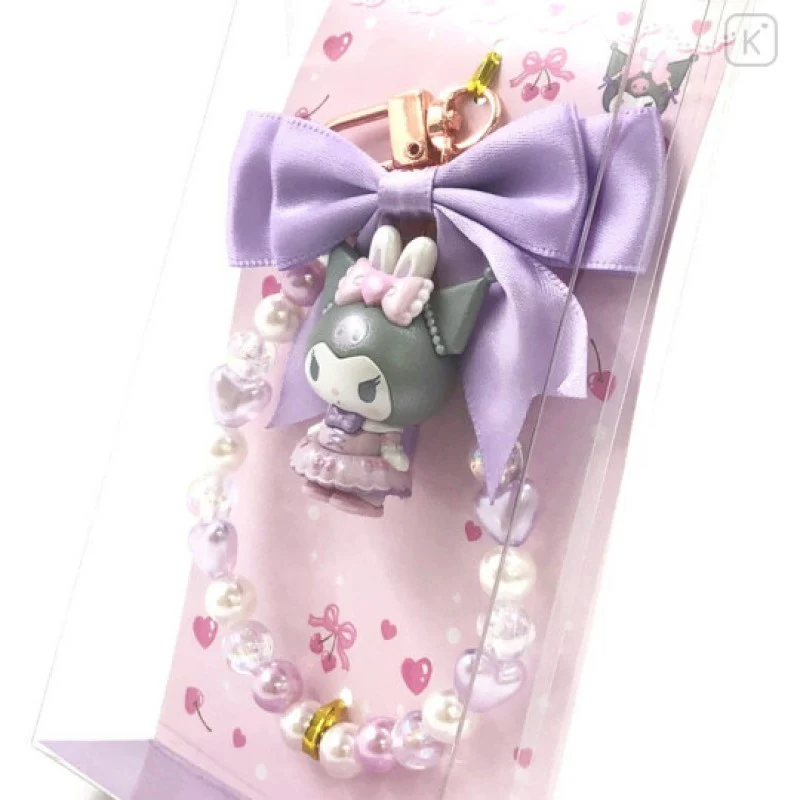 [Self-operated] Sanrio ribbon pearl pendant keychain Kuromi style, 1 piece, pearl chain bow pendant.