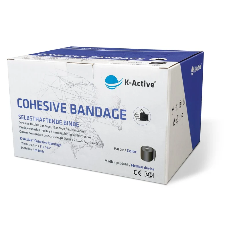 K-Active Cohesive Bandage, schwarz, 7.5 cm x 4.5 m, 24 Stück