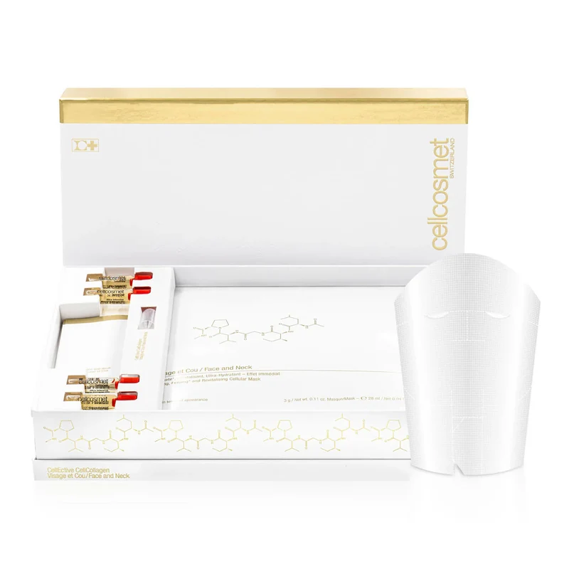 [Self-operated] Swiss Cellcosmet Face and Neck Revitalizing Face and Neck Mask (4 sheets) + 4 1.5ml Elastic Collagen Ampoules to Reshape Contours, Plump, and Smooth Fine Lines