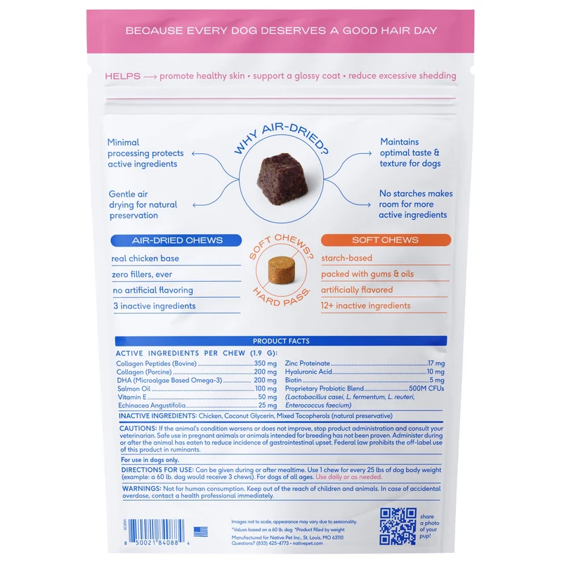 [Self-operated] Native Pet Skin+Coat Freeze-Dried Chewable Canine Skin and Coat Care Products (30 tablets) for Shiny Coat, Moisturizing, Anti-Itch, and Nutritional Supplementation.