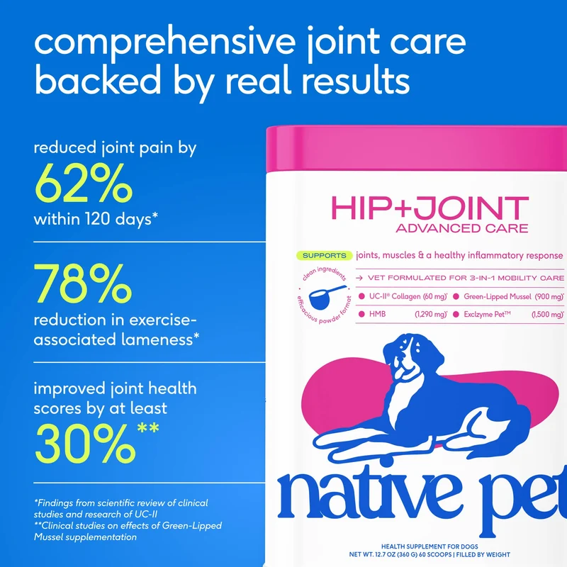 [Self-operated] Native Pet Hip+ Joint Advanced Care for Dogs, 30 scoops, Advanced Hip Care Powder for Joint Cartilage and Muscle Nutrition Support