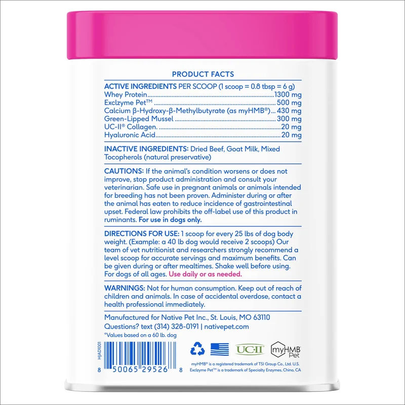 [Self-operated] Native Pet Hip+ Joint Advanced Care for Dogs, 30 scoops, Advanced Hip Care Powder for Joint Cartilage and Muscle Nutrition Support