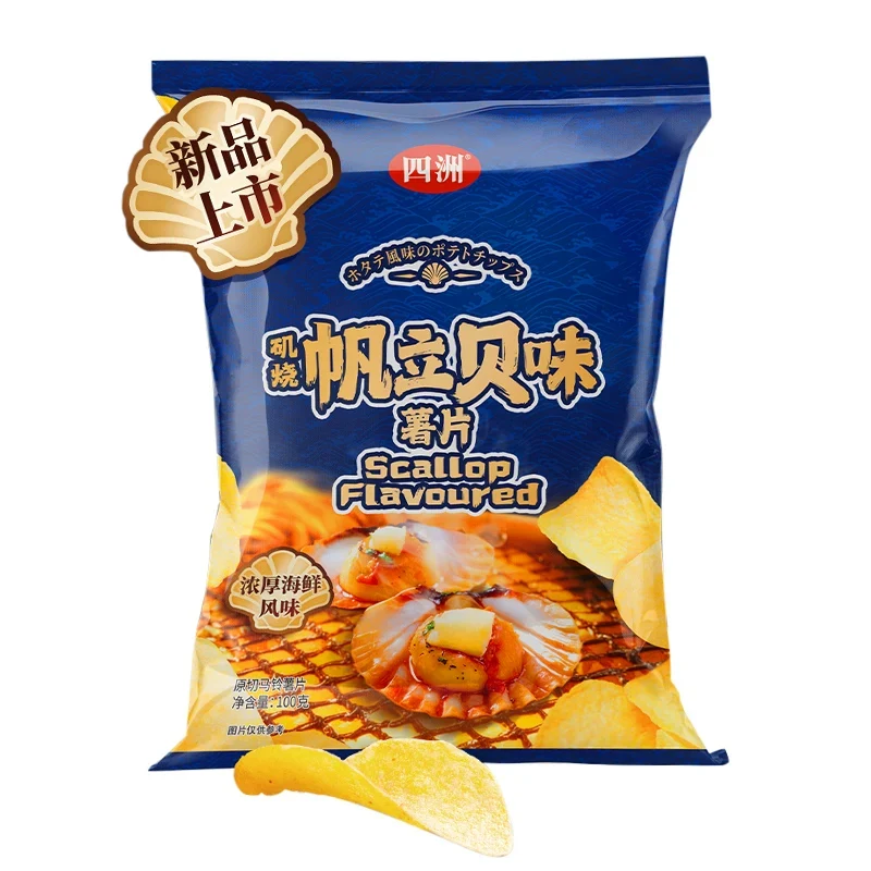 [Self-operated] China FOUR SEAS Original Cut Potato Chips, Grilled Scallop Flavor, 100g, Wavy Potato Chips, Large Pack, Perfect for Office Snacks, Casual Snacks, Puffed Food