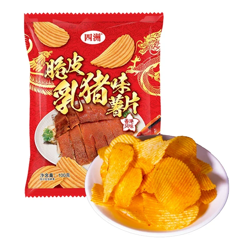 [Self-operated] China FOUR SEAS Original Cut Potato Chips Crispy Suckling Pig Flavor 100g Wavy Potato Chips Large Pack - Perfect for Office Snacks, Casual Snacks, Puffed Food