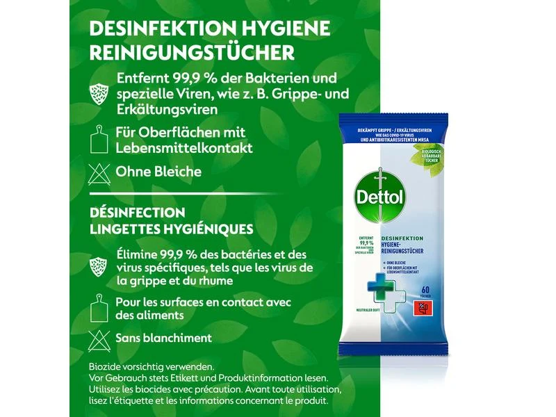 Dettol Desinfektion Hygiene-Reinigungstücher, 60 Tücher