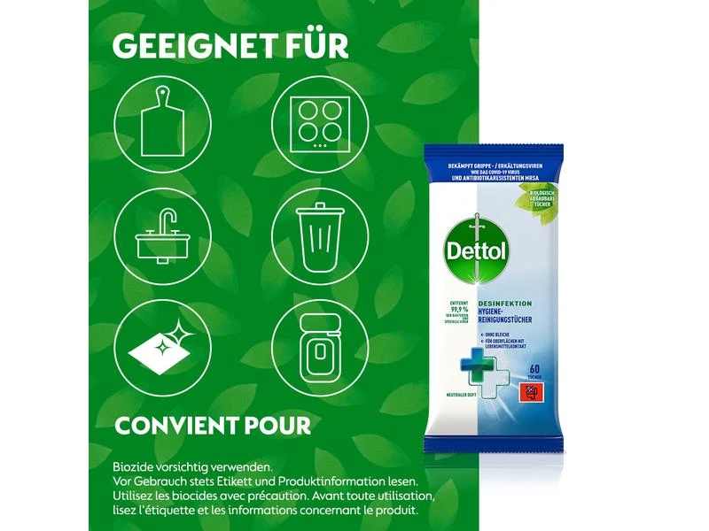 Dettol Desinfektion Hygiene-Reinigungstücher, 60 Tücher