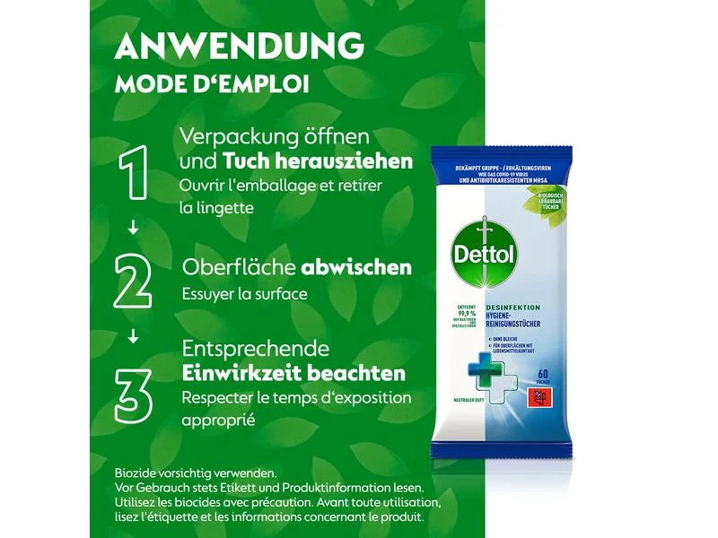 Dettol Desinfektion Hygiene-Reinigungstücher, 60 Tücher