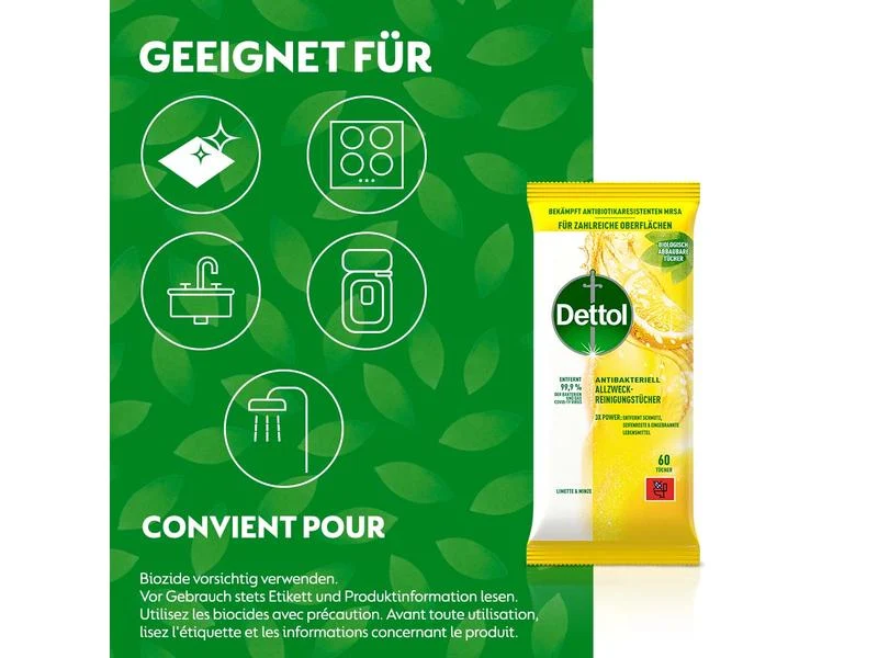 Dettol Allzweck-Reinigungstücher Limette & Minze, 60 Tücher