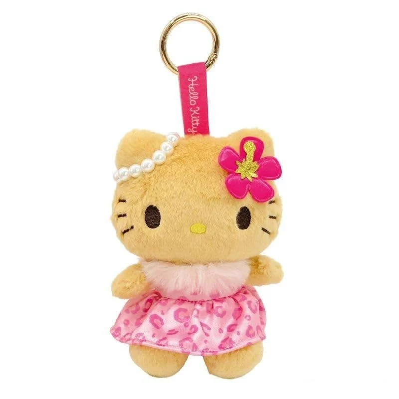 [Self-operated] Sanrio Hawaiian Black Leather Series Plush Toy Keychain with Pink Flower and Leopard Print Hello Kitty (1 piece) - Car Hanging Bag Ornament Keychain