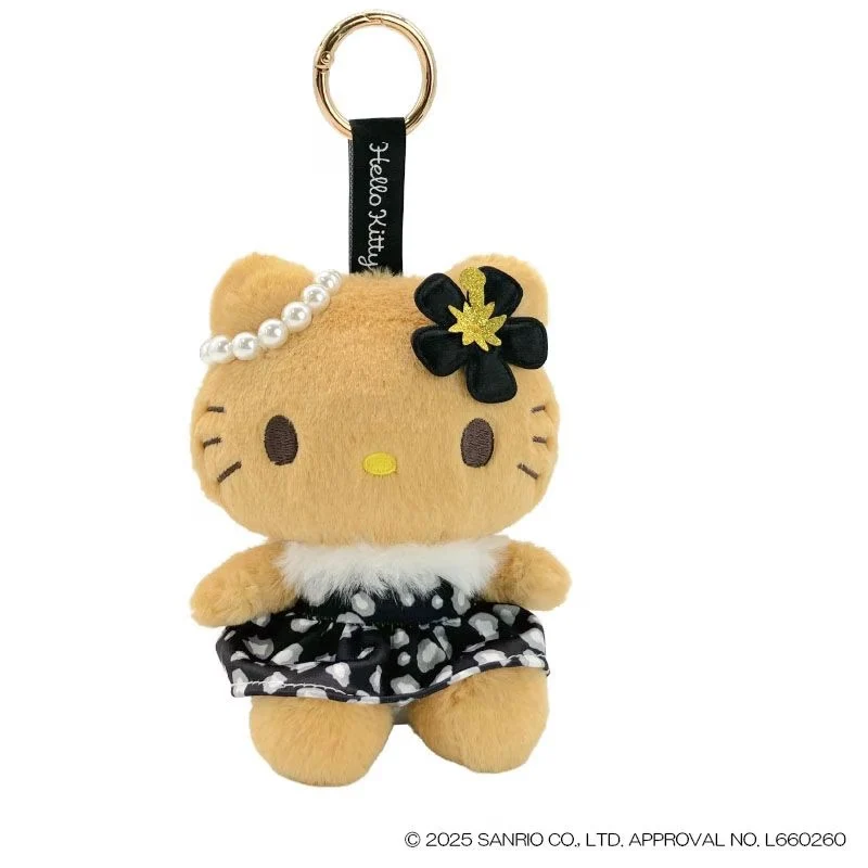 [Self-operated] Sanrio Hawaiian Black Leather Series Plush Toy Keychain, Black and Gold Leopard Print Hello Kitty, 1 Car Hanging Bag Ornament Keychain