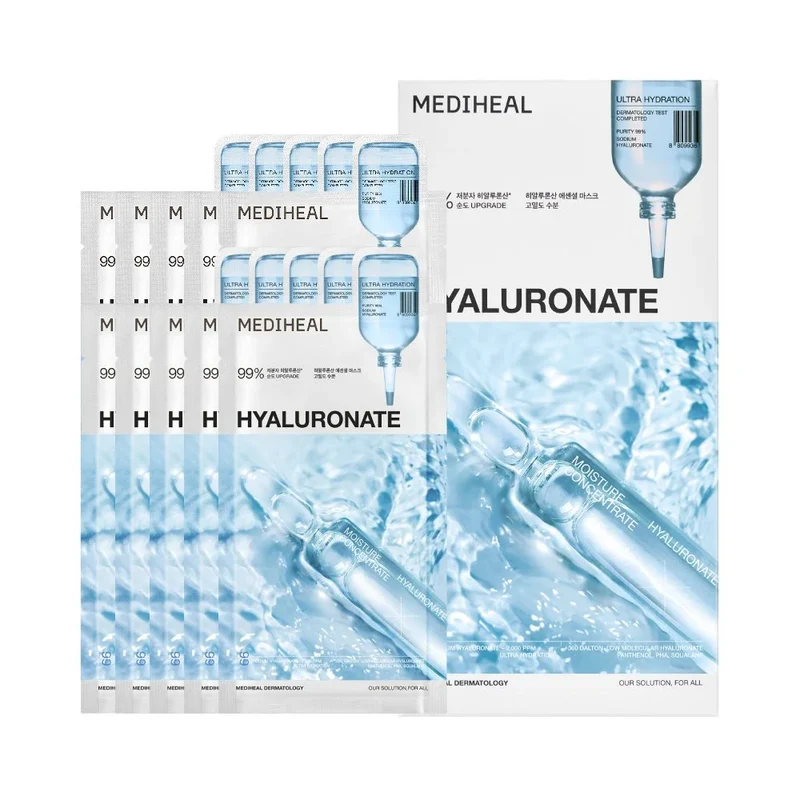 [Self-operated] Korean MEDIHEAL 99% Pure Hyaluronic Acid Moisturizing Mask 3.0 Upgraded Essence Version 10 sheets/box for Hydrating Care