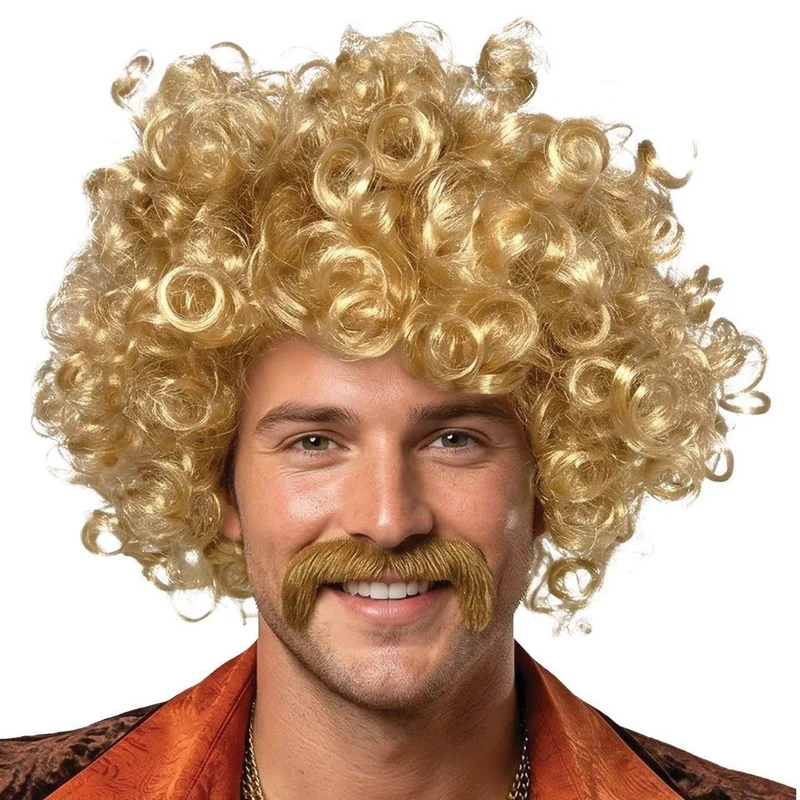 Blonde Lockenperücke mit Schnurrbart