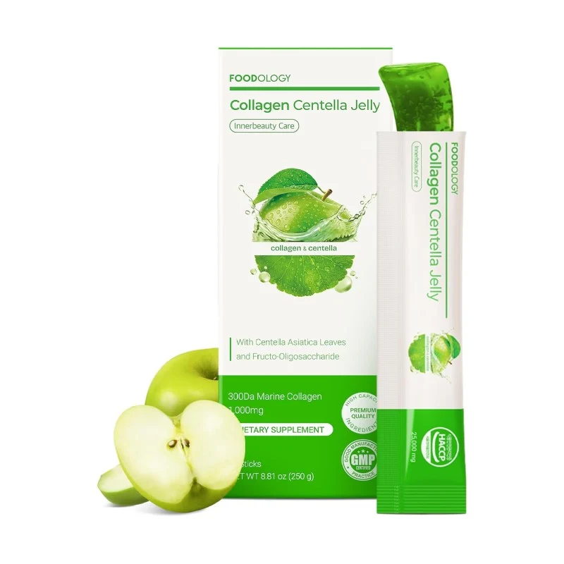 [Self-operated] Korean Foodology Centella Asiatica Collagen Jelly Sticks, Green Apple Flavor, 10 sticks/box, Portable Stick Pack, Carb Blocking Slimming Jelly Sticks