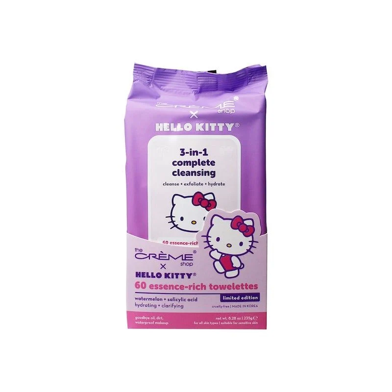 [Self-operated] The Crème Shop Hello Kitty Collaboration 3-in-1 Essence Makeup Remover Wipes, Watermelon Scent, 60 Wipes Per Pack: Gentle Cleansing, Makeup Removal, Exfoliation, Moisturizing.