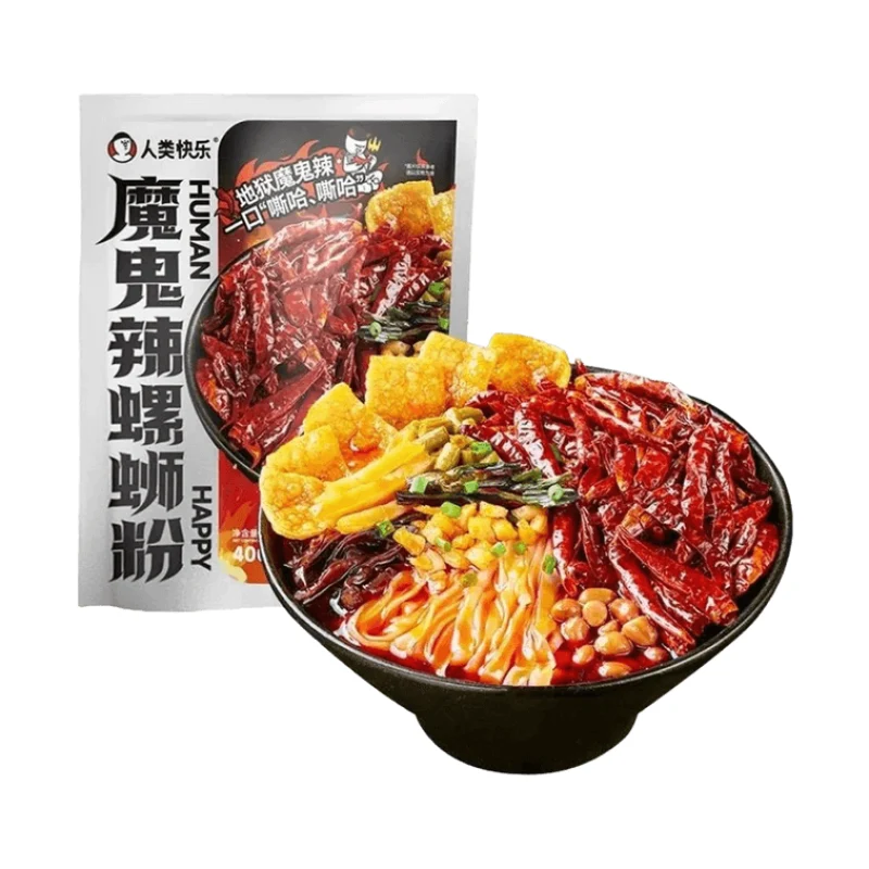 [Self-operated] China HUMAN HAPPY Devilishly Spicy Snail Rice Noodles 400g, 1-minute quick-cooking wide rice noodles, super satisfying, 9 packets of seasoning, extra spicy challenge, Liuzhou specialty, delicious rice noodles, instant snack, late-night snack
