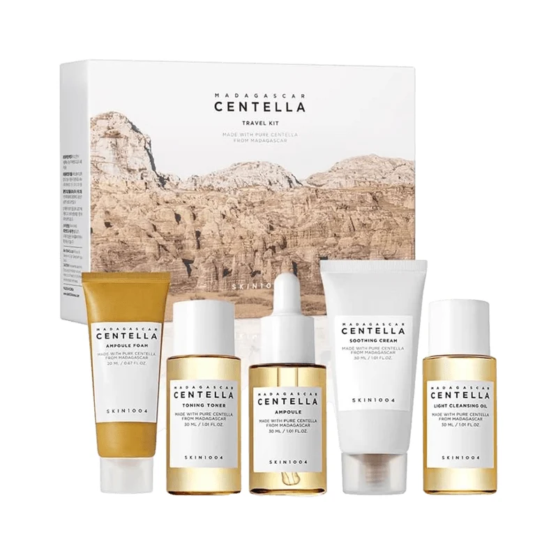 SKIN1004 La Roche-Angelique Madagascar Centella Asiatica Travel Set (30ml Cleansing Oil + 20ml Cleanser + 30ml Toner + 30ml Serum + 30ml Cream) - Essential Skincare 5-Piece Set for Soothing and Calming Sensitive Skin