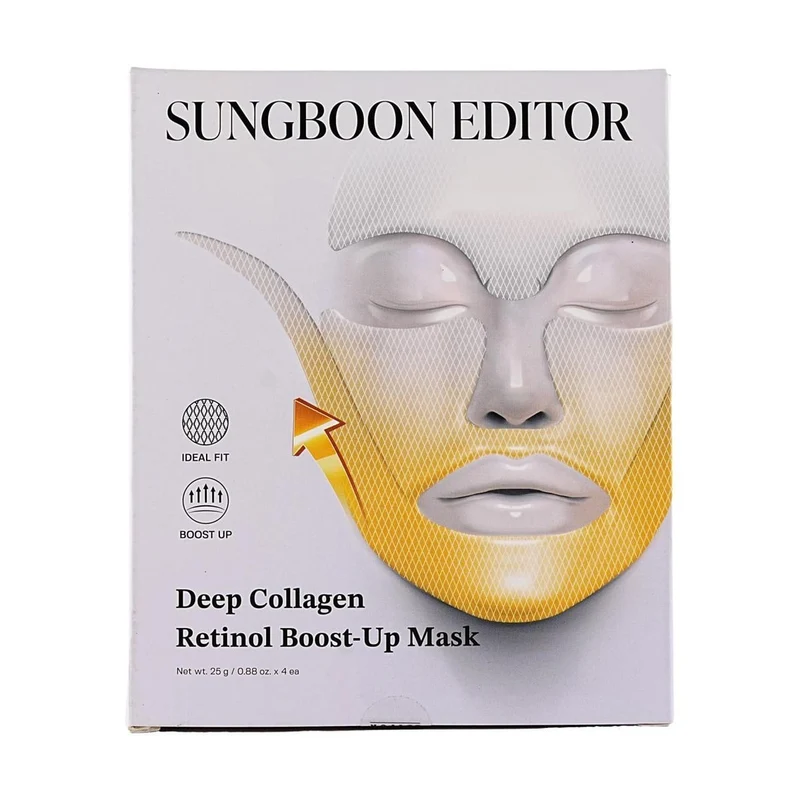 SUNGBOON EDITOR Deep Collagen Retinol Firming Lifting Mask (25g x 4) for soft, firm skin, naturally radiant glow, and smoothed fine lines. Hydrates and moisturizes.