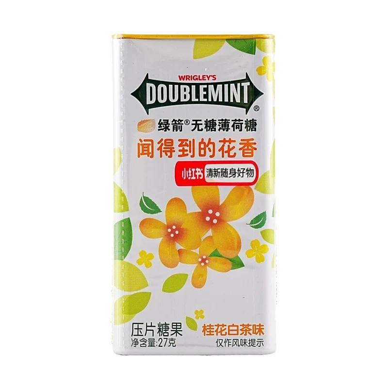 [Self-operated] China WRIGLEY'S DOUBLEMINT Green Arrow Sugar-Free Floral Mint Candy Osmanthus White Tea Flavor 27g (about 35 pieces) Iron Box Chewing Gum Fresh Breath Kissing Mouth Clearing Lozenges Refreshing Candy Snack