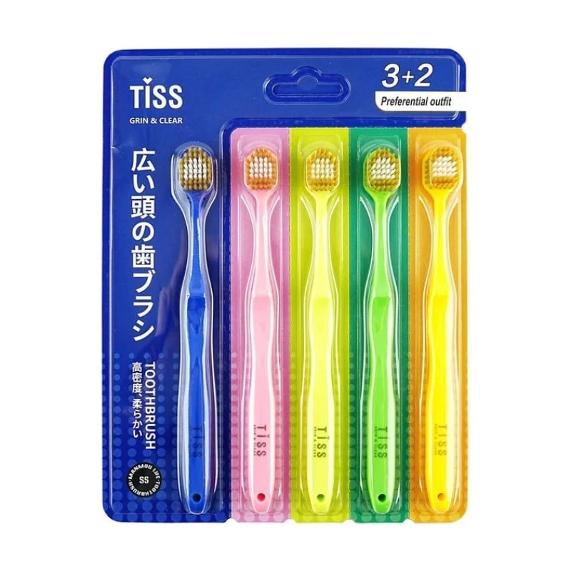 [Self-operated] China TISS Soft Bristle Adult Toothbrush 3+2 Wide Head Ultra-thin Brush Head Soft Bristle Toothbrush Ultra-fine Ultra-soft Interdental Brush Family Pack