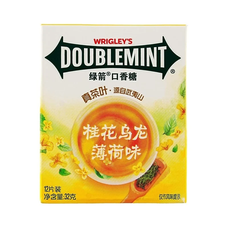 [Self-operated] China WRIGLEY'S DOUBLEMINT Green Arrow Osmanthus Oolong Mint Flavor 12 pieces 32g Seasonal Limited Tea Rhyme Melodious Osmanthus Fragrance Elegant Breath Fresh Kiss Mouth Clearing Cooling Chewing Gum Snack