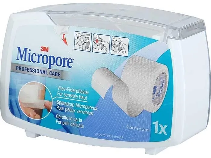 3M Micropore Heftpflaster Vlies, weiss, 2.5 cm x 5m, 1 Stück, mit Dispenser