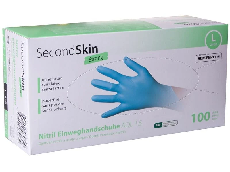 Secondskin Einweghandschuh Nitril, Strong Grösse L, blau, 100 Stück