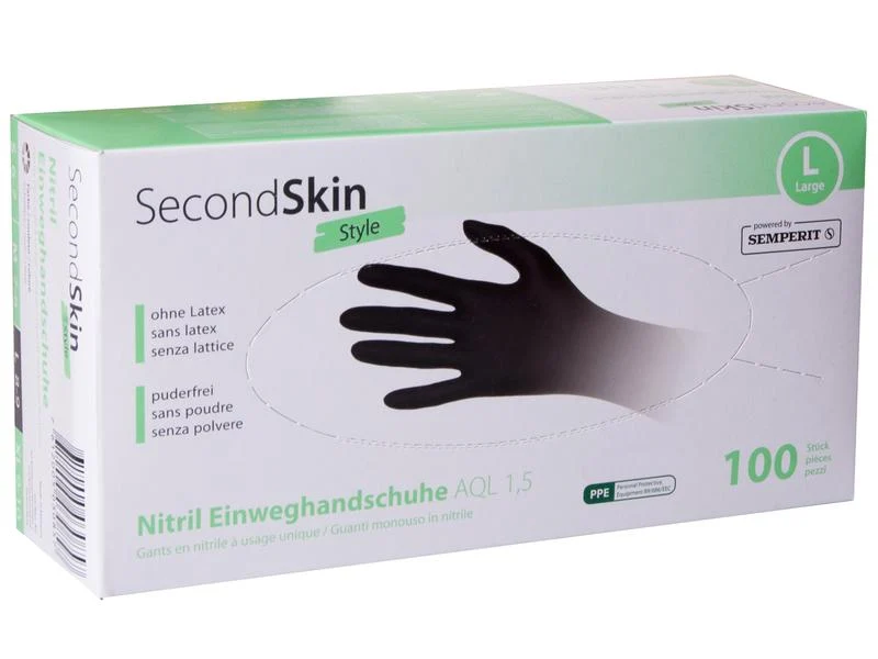 Secondskin Einweghandschuh Nitril Style, Grösse L, schwarz, 100 Stück