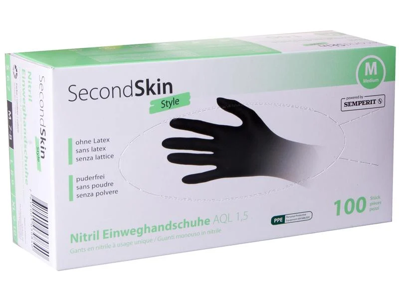Secondskin Einweghandschuh Nitril Style, Grösse M, schwarz, 100 Stück