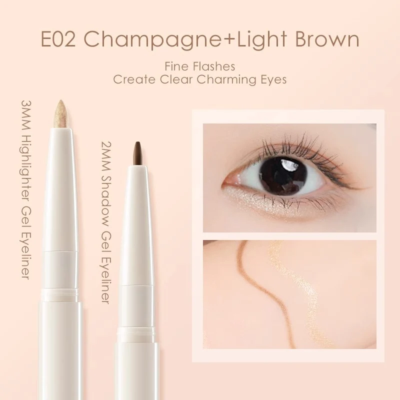 【Self-operated】China FOCALLURE 3D Shaping Double-Head Silkworm Eyeliner Gel Pencil #E02 Champagne Bright Color + Light Brown 14.5g Gel Eyeliner Smooth 2-in-1 Gel Eyeliner Long-Lasting Waterproof Eyeliner