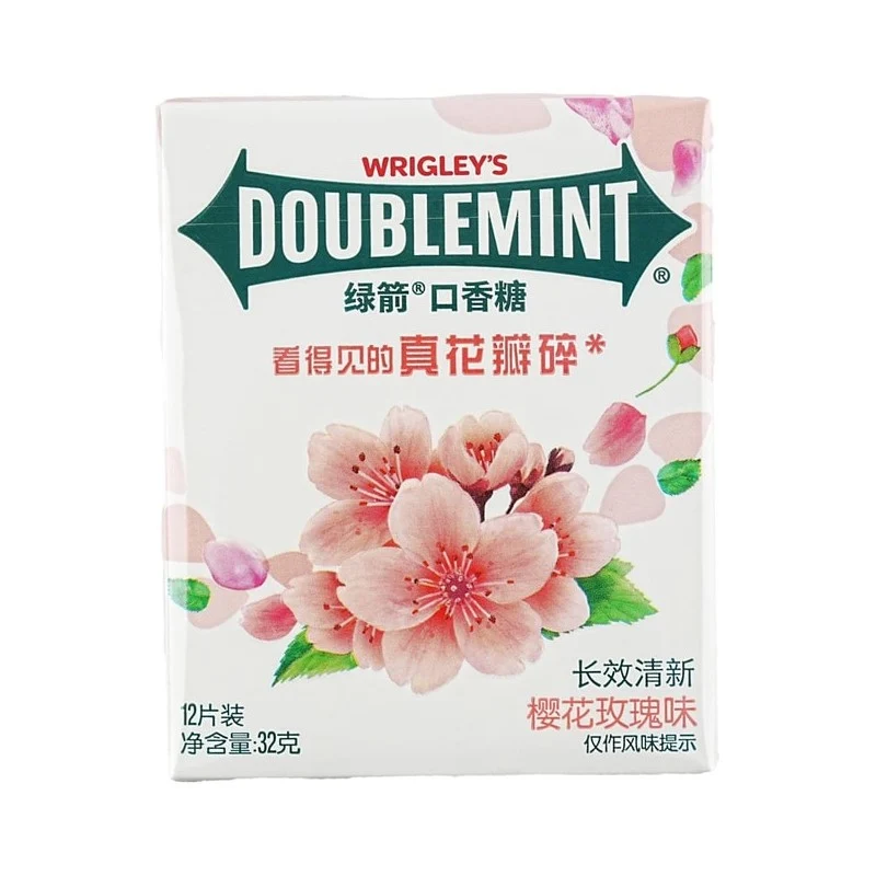 [Self-operated] China WRIGLEY'S DOUBLEMINT Green Arrow Sakura Rose Chewing Gum 12 pieces 32g Seasonal limited sweet floral breath fresh kiss mouth refreshing chewing gum snack