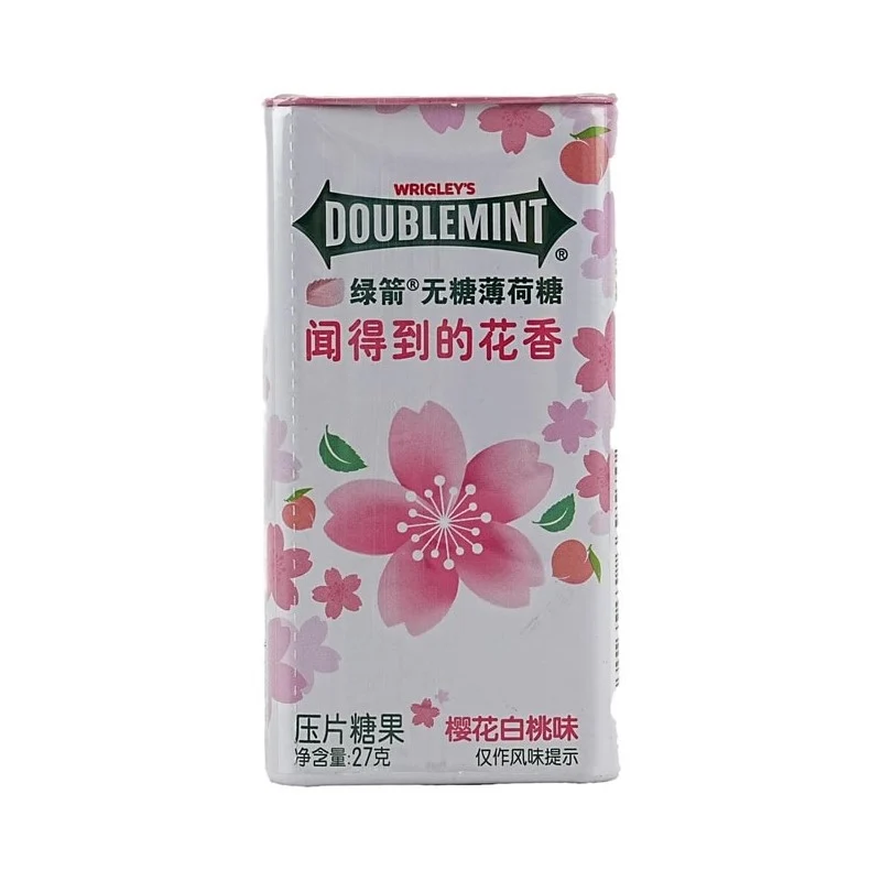 [Self-operated] China WRIGLEY'S DOUBLEMINT Green Arrow Sugar-free Floral Mint Candy Sakura White Peach Flavor 27g About 35 pieces of iron box chewing gum breath fresh kiss mouth cleansing lozenges refreshing candy snacks