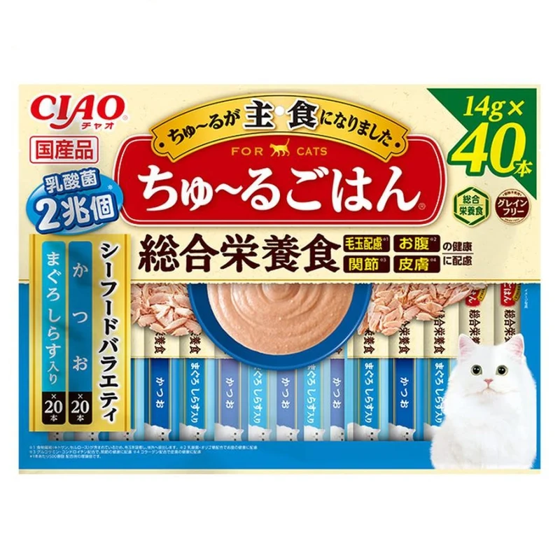 [Self-operated] Japan CIAO Inabao cat snacks Churu Miaohao Churu nutritious soft meat sauce delicious cat strips 40 pieces tuna sardine bonito mixed flavor comprehensive nutrition added