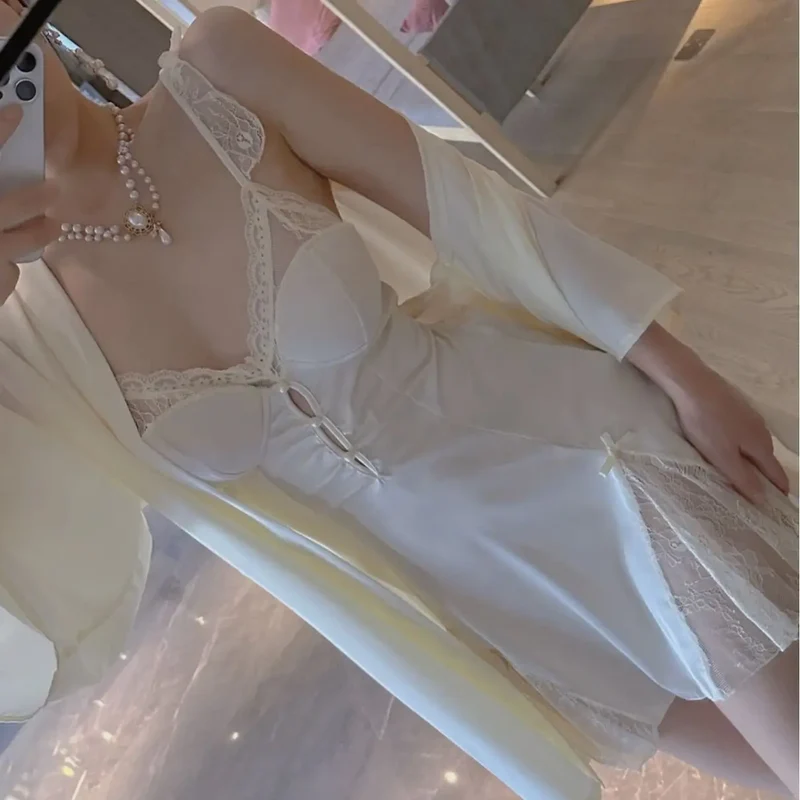 [US warehouse] Nightgown set women's pajamas sexy lace nightdress lace patchwork underwear new home clothes backless nightgown