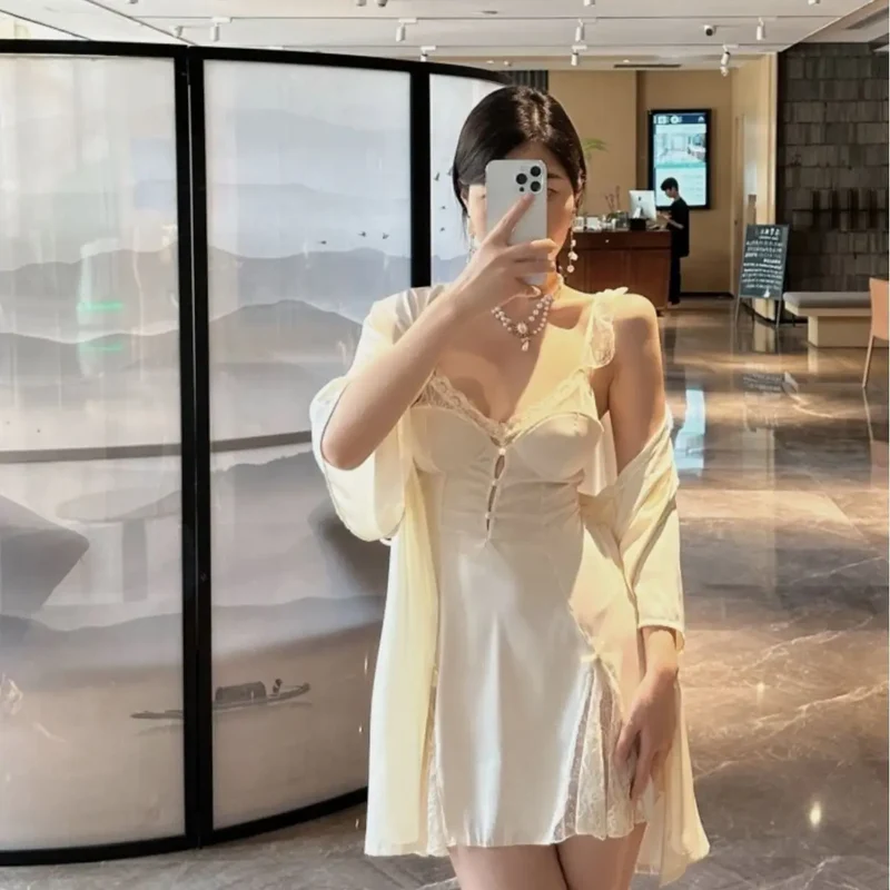 [US warehouse] Nightgown set women's pajamas sexy lace nightdress lace patchwork underwear new home clothes backless nightgown