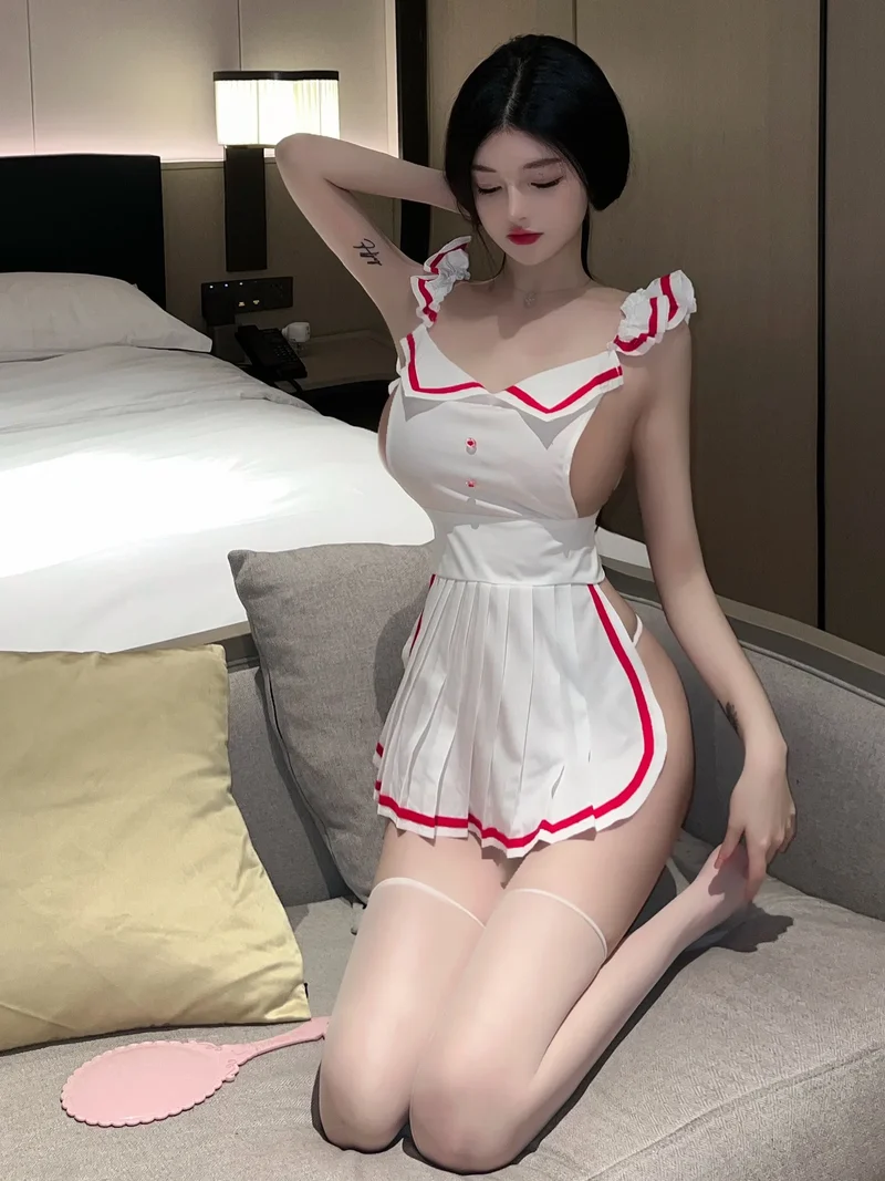 [US warehouse] Sexy maid sweet bow loli backless lace-up apron student uniform French backless slim color matching sweet girl dress