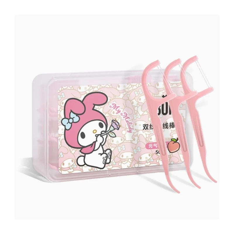 [Self-operated] China BOP Pop Fruit Flavor Ultra-fine Dental Floss Stick Yuanqi White Peach Flavor Sanrio Joint Model 50 Pieces Disposable Toothpicks and Dental Floss Household Large Package Dental Floss Stick Toothpicks and Wire