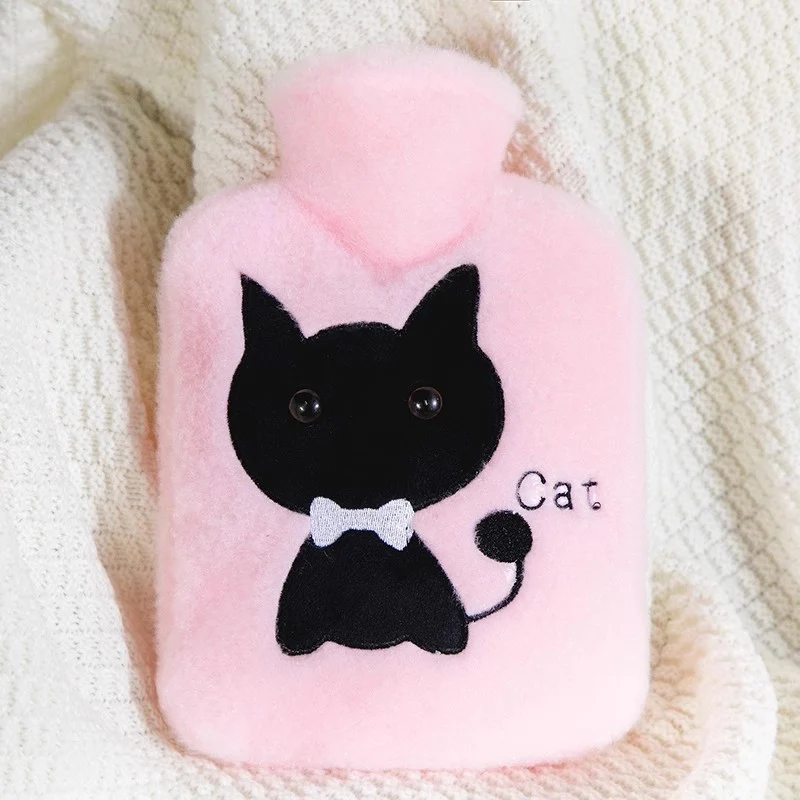 【Self-operated】China Everest Super Soft Hot Water Bottle Animal Series Pink Black Cat 500ml Water-filled warm hand application belly warming uterus dysmenorrhea girls must-have physiological pain relief artifact long-lasting heat preservation cost-effective