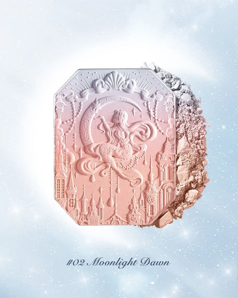 【Self-operated】China Flower Knows Moonlight Mermaid Series Gem Blush Three-color Gradient Matte Contouring Highlighter #02 Moonlight Dawn Pink Apricot Milk Blue 5g Lightly sweep on the apple cheeks to create a Korean-style watery feeling, naturally brighten the watery three-dimensional makeup