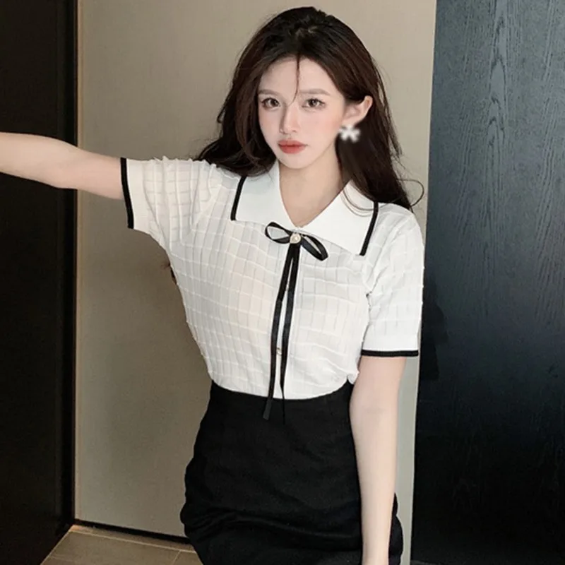 [US warehouse] knitted lapel slim T-shirt women's short top casual T-shirt short-sleeved top bottoming shirt